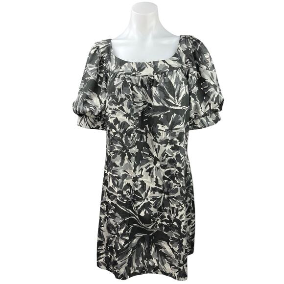 Trina Turk Black Gray Silk Wool Floral Abstract Puff Sleeve Mini Shift Dress 10 - Picture 1 of 5